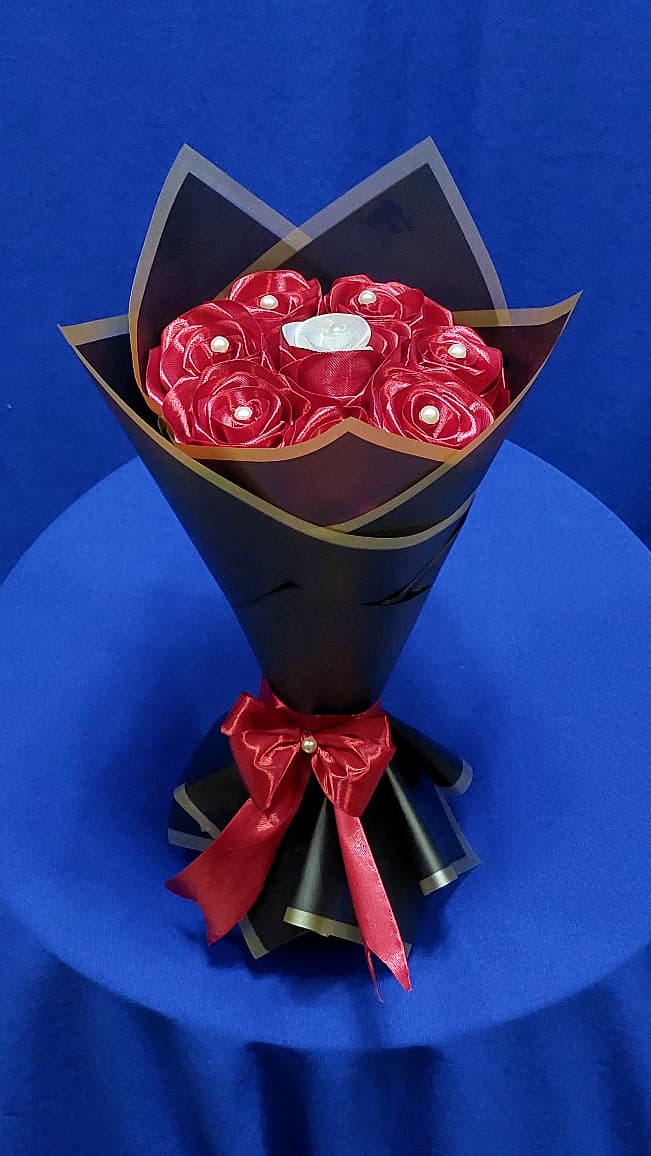 Handmade Red & White Ribbon Rose Bouquet - Chautara Photo Studio